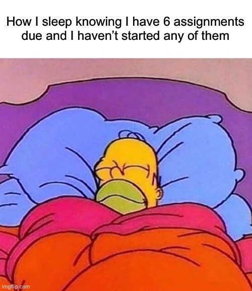 Homer Simpson sleeping peacefully | How I sleep knowing I have 6 assignments due and I haven’t started any of them | image tagged in homer simpson sleeping peacefully,memes,funny,relatable,sleep | made w/ Imgflip meme maker