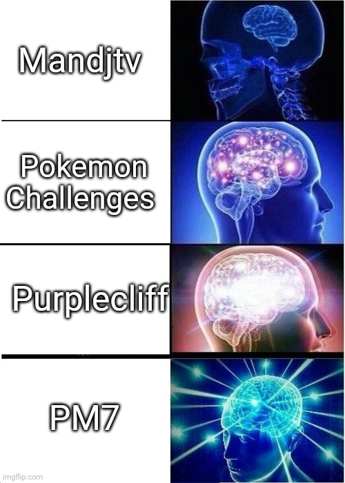 Your favorite pokemon youtuber | Mandjtv; Pokemon Challenges; Purplecliff; PM7 | image tagged in memes,expanding brain | made w/ Imgflip meme maker
