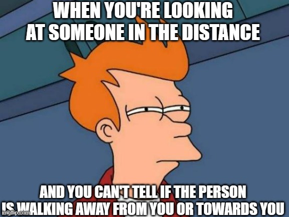 Relatable??? | WHEN YOU'RE LOOKING AT SOMEONE IN THE DISTANCE; AND YOU CAN'T TELL IF THE PERSON IS WALKING AWAY FROM YOU OR TOWARDS YOU | image tagged in memes,futurama fry,relatable | made w/ Imgflip meme maker