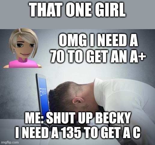 Karen | THAT ONE GIRL; OMG I NEED A 70 TO GET AN A+; ME: SHUT UP BECKY I NEED A 135 TO GET A C | image tagged in smack head on table | made w/ Imgflip meme maker
