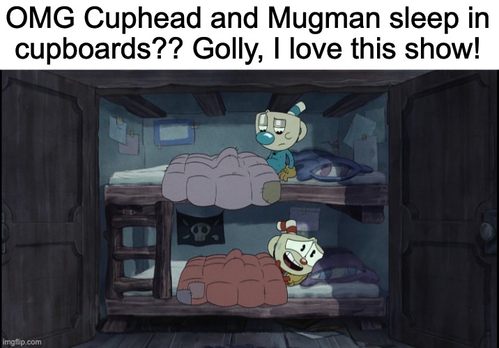 This is amazing skskjadbewaftheoujahhhhh | OMG Cuphead and Mugman sleep in cupboards?? Golly, I love this show! | image tagged in cuphead,mugman,cupboards,just like regular cups and mugs this is awesome,satisfying,perfection | made w/ Imgflip meme maker