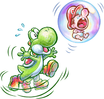 High Quality Green Yoshi Floating with baby Mario Crying in the Bubble Blank Meme Template