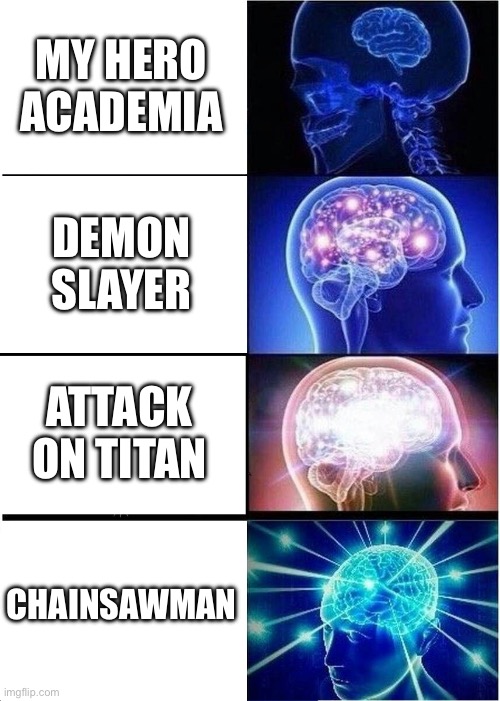 Expanding Brain Meme | MY HERO ACADEMIA; DEMON SLAYER; ATTACK ON TITAN; CHAINSAWMAN | image tagged in memes,expanding brain | made w/ Imgflip meme maker