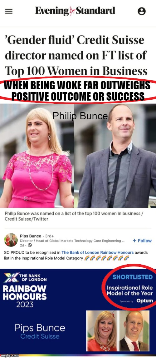 "Reporting the news" is not "Transphobic". | WHEN BEING WOKE FAR OUTWEIGHS 
POSITIVE OUTCOME OR SUCCESS; Philip Bunce | image tagged in political,credit suisse,gender fluid,role model,woke,success | made w/ Imgflip meme maker