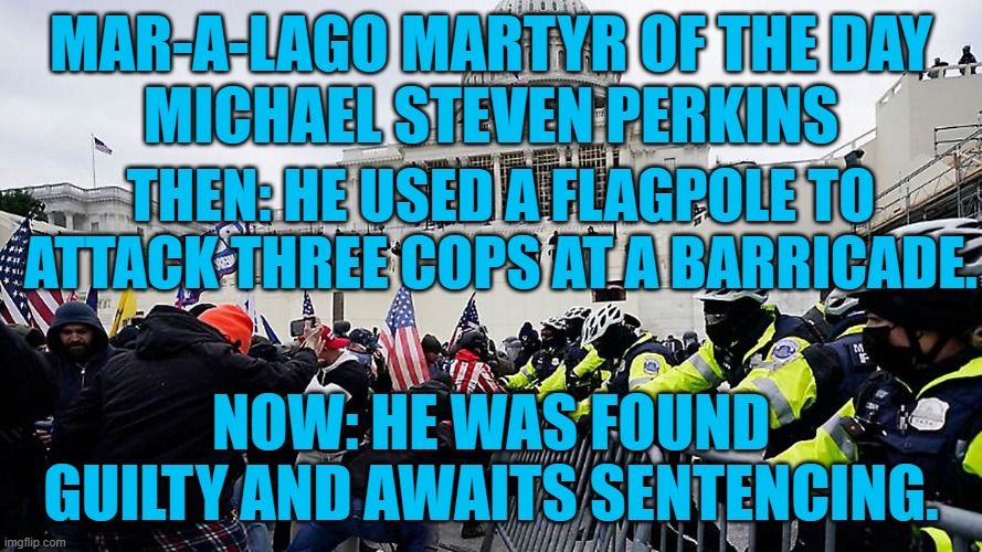 How did so many "American," flagpoles spontaneously become weapons? | MAR-A-LAGO MARTYR OF THE DAY
MICHAEL STEVEN PERKINS; THEN: HE USED A FLAGPOLE TO ATTACK THREE COPS AT A BARRICADE. NOW: HE WAS FOUND GUILTY AND AWAITS SENTENCING. | image tagged in politics | made w/ Imgflip meme maker