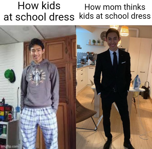 Fernanfloo Dresses Up | How kids at school dress; How mom thinks kids at school dress | image tagged in fernanfloo dresses up | made w/ Imgflip meme maker