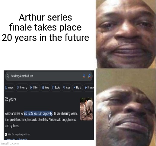 Black Guy Crying | Arthur series finale takes place 20 years in the future | image tagged in black guy crying | made w/ Imgflip meme maker