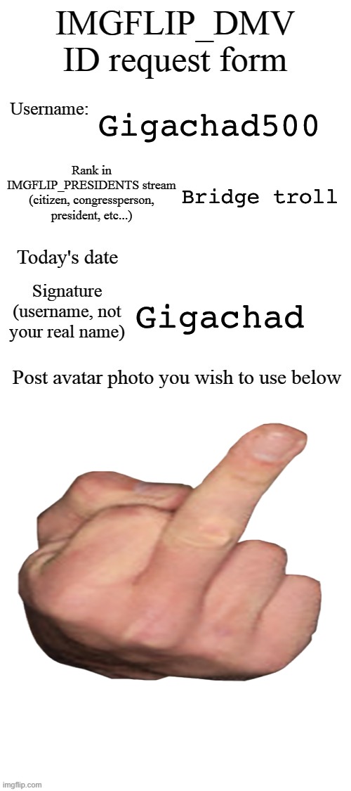 The finger is not a insult I want that as my picture | Gigachad500; Bridge troll; Gigachad | image tagged in dmv id request form | made w/ Imgflip meme maker