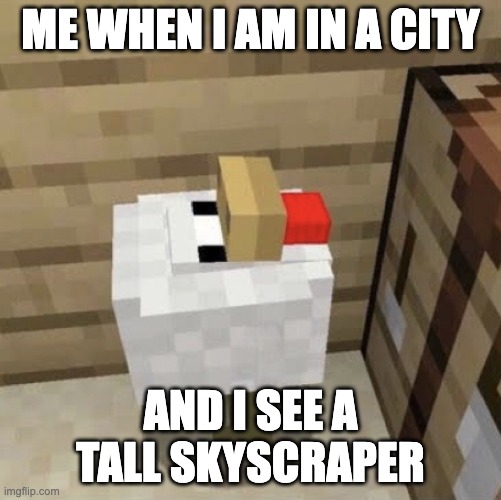 I live in the city so this happens alot | ME WHEN I AM IN A CITY; AND I SEE A TALL SKYSCRAPER | image tagged in chicken bred,tall building | made w/ Imgflip meme maker