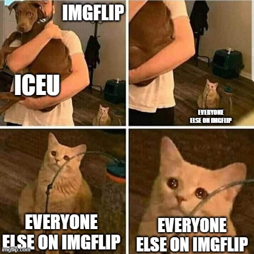 Iceu is the cool one | IMGFLIP; ICEU; EVERYONE ELSE ON IMGFLIP; EVERYONE ELSE ON IMGFLIP; EVERYONE ELSE ON IMGFLIP | image tagged in sad cat holding dog | made w/ Imgflip meme maker