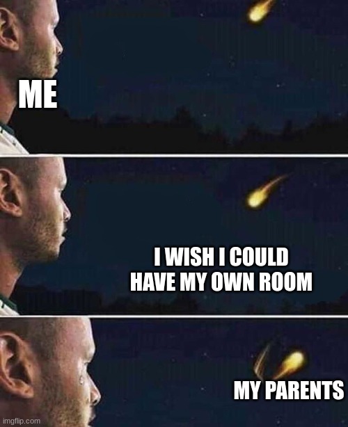 I have to share with my sis :( | ME; I WISH I COULD HAVE MY OWN ROOM; MY PARENTS | image tagged in shooting star | made w/ Imgflip meme maker