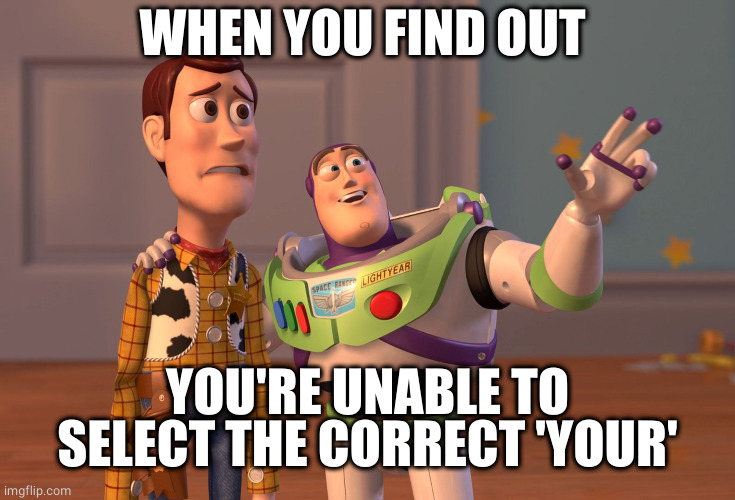 X, X Everywhere Meme | WHEN YOU FIND OUT YOU'RE UNABLE TO SELECT THE CORRECT 'YOUR' | image tagged in memes,x x everywhere | made w/ Imgflip meme maker