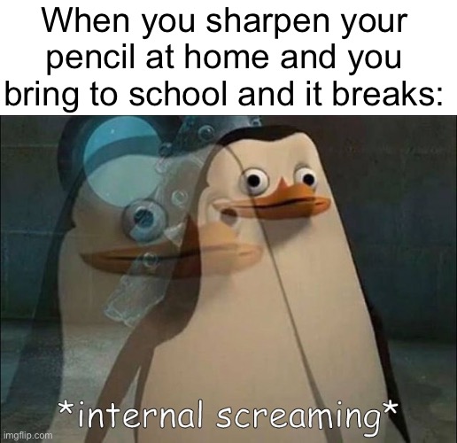 pain to the bare buttcheek | When you sharpen your pencil at home and you bring to school and it breaks: | image tagged in private internal screaming,ouch,school meme,pencil | made w/ Imgflip meme maker