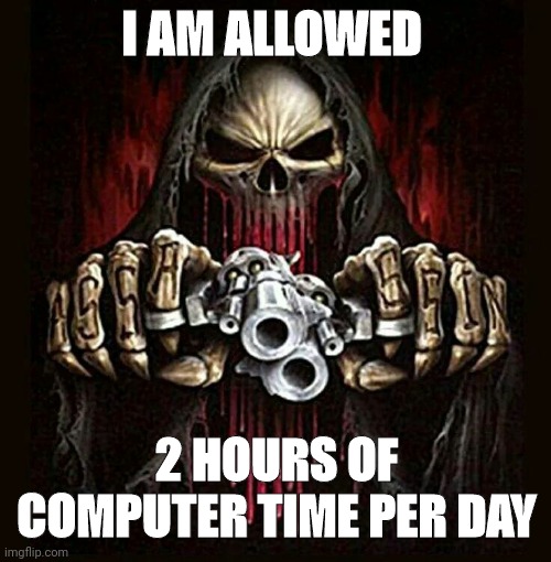 badass skeleton | I AM ALLOWED; 2 HOURS OF COMPUTER TIME PER DAY | image tagged in badass skeleton | made w/ Imgflip meme maker