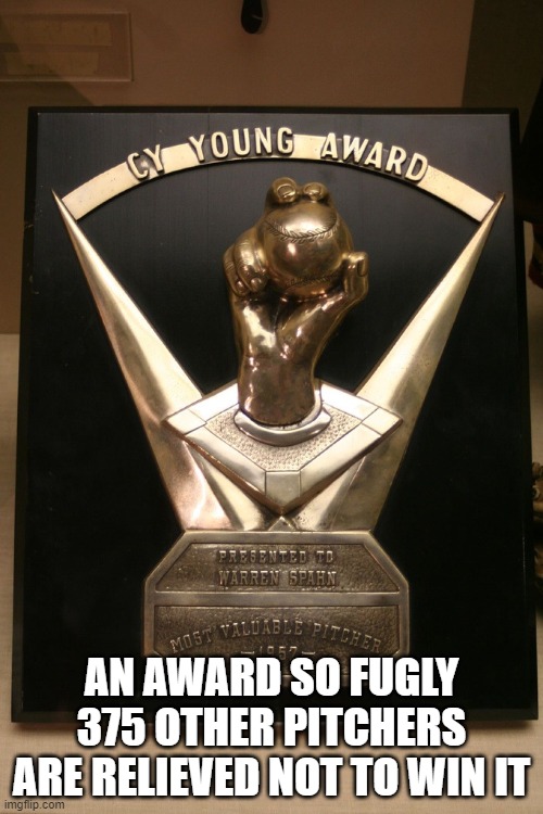 but bruh, its an honor :\ | AN AWARD SO FUGLY 375 OTHER PITCHERS ARE RELIEVED NOT TO WIN IT | image tagged in mlb,baseball,sports,pitchers,athletes,stupid | made w/ Imgflip meme maker
