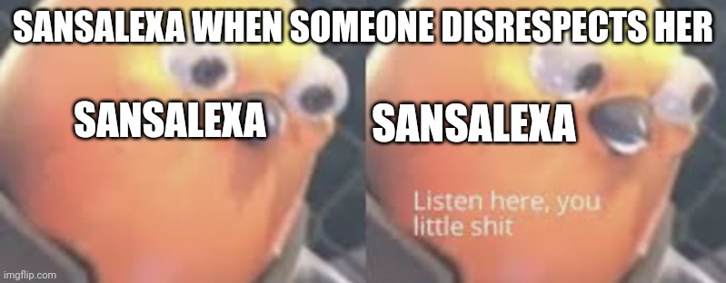 Sansalexa doesn't like being disrespected |  SANSALEXA WHEN SOMEONE DISRESPECTS HER; SANSALEXA; SANSALEXA | image tagged in listen here you little shit bird | made w/ Imgflip meme maker