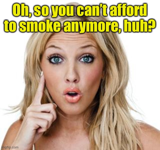 Dumb blonde | Oh, so you can’t afford to smoke anymore, huh? | image tagged in dumb blonde | made w/ Imgflip meme maker