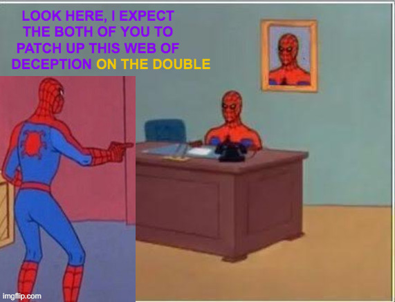 Spidey's Idea of a Webinar | LOOK HERE, I EXPECT THE BOTH OF YOU TO PATCH UP THIS WEB OF DECEPTION; ON THE DOUBLE | image tagged in memes,spiderman computer desk,spiderman,zoom,three-headed dragon,deep web | made w/ Imgflip meme maker