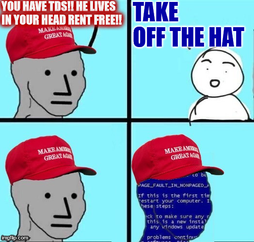 INSPIRED BY SLOBAMAS | YOU HAVE TDS!! HE LIVES IN YOUR HEAD RENT FREE!! TAKE OFF THE HAT | image tagged in npc maga blue screen fixed textboxes | made w/ Imgflip meme maker