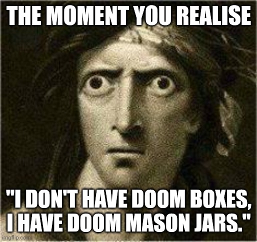 Doom mason jars | THE MOMENT YOU REALISE; "I DON'T HAVE DOOM BOXES, I HAVE DOOM MASON JARS." | image tagged in that moment when | made w/ Imgflip meme maker