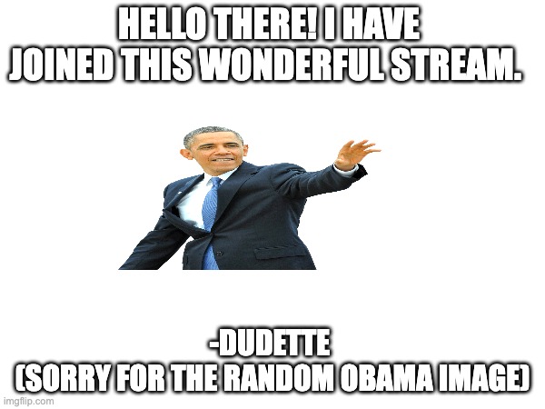 So proud to be ur 6th follower :D | HELLO THERE! I HAVE JOINED THIS WONDERFUL STREAM. -DUDETTE 
(SORRY FOR THE RANDOM OBAMA IMAGE) | image tagged in hello there | made w/ Imgflip meme maker