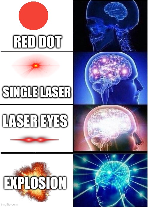 Kygmjfrtmyhkj,ok.;l/; | RED DOT; SINGLE LASER; LASER EYES; EXPLOSION | image tagged in memes,expanding brain | made w/ Imgflip meme maker