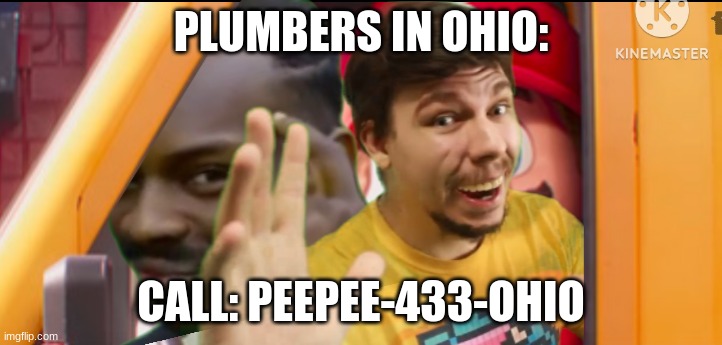 plumbers in ohio | PLUMBERS IN OHIO:; CALL: PEEPEE-433-OHIO | image tagged in memes | made w/ Imgflip meme maker