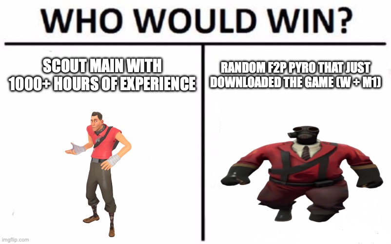 Who Would Win? Meme | SCOUT MAIN WITH 1000+ HOURS OF EXPERIENCE RANDOM F2P PYRO THAT JUST DOWNLOADED THE GAME (W + M1) | image tagged in memes,who would win | made w/ Imgflip meme maker