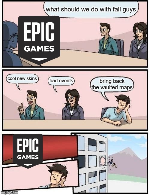 "how dare you" | what should we do with fall guys; cool new skins; bad events; bring back the vaulted maps | image tagged in memes,boardroom meeting suggestion,funny,fall guys | made w/ Imgflip meme maker