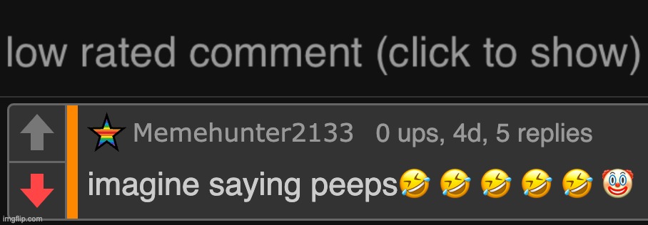 "iMaGiNe SaYiNg PeEpS" | image tagged in low rated comment dark mode version,low rated comment,memes,funny | made w/ Imgflip meme maker