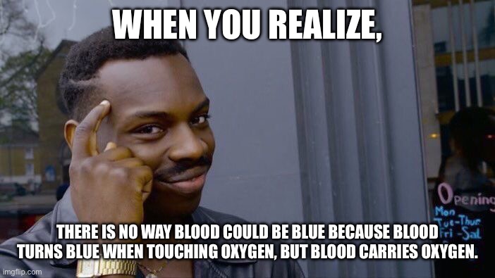 Roll Safe Think About It | WHEN YOU REALIZE, THERE IS NO WAY BLOOD COULD BE BLUE BECAUSE BLOOD TURNS BLUE WHEN TOUCHING OXYGEN, BUT BLOOD CARRIES OXYGEN. | image tagged in memes,roll safe think about it | made w/ Imgflip meme maker