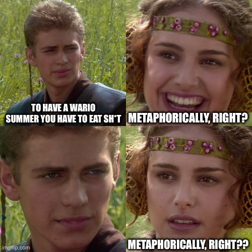 Anakin Padme 4 Panel | TO HAVE A WARIO SUMMER YOU HAVE TO EAT SH*T METAPHORICALLY, RIGHT? METAPHORICALLY, RIGHT?? | image tagged in anakin padme 4 panel | made w/ Imgflip meme maker