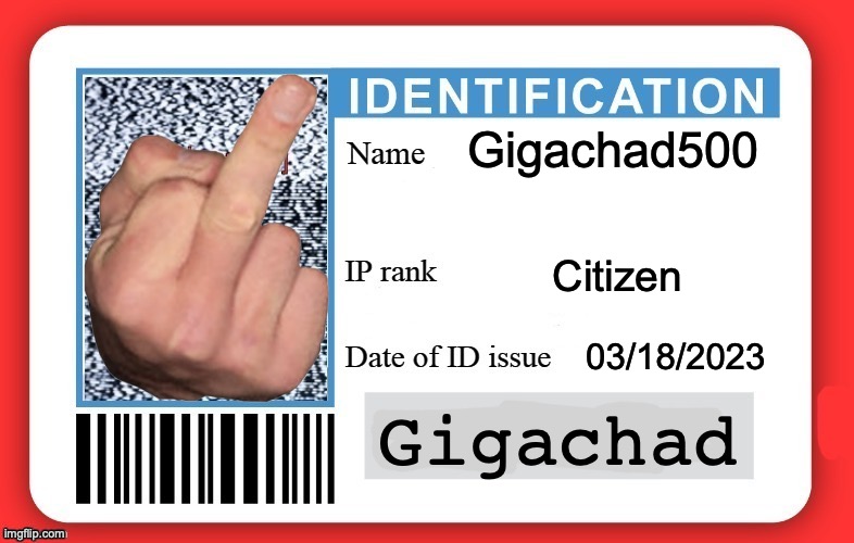 DMV ID Card | Gigachad500 Citizen 03/18/2023 Gigachad | image tagged in dmv id card | made w/ Imgflip meme maker