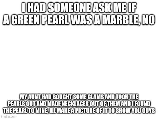 I HAD SOMEONE ASK ME IF A GREEN PEARL WAS A MARBLE, NO; MY AUNT HAD BOUGHT SOME CLAMS AND TOOK THE PEARLS OUT AND MADE NECKLACES OUT OF THEM AND I FOUND THE PEARL TO MINE, ILL MAKE A PICTURE OF IT TO SHOW YOU GUYS | image tagged in green pearl | made w/ Imgflip meme maker