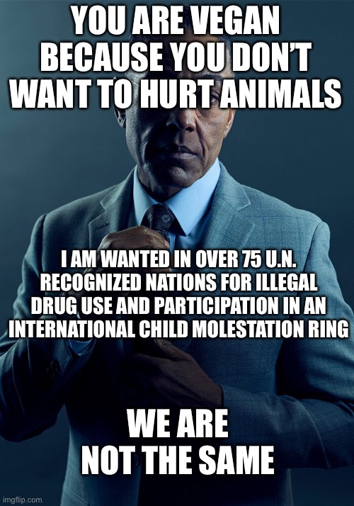 Gus Fring we are not the same | YOU ARE VEGAN BECAUSE YOU DON’T WANT TO HURT ANIMALS; I AM WANTED IN OVER 75 U.N. RECOGNIZED NATIONS FOR ILLEGAL DRUG USE AND PARTICIPATION IN AN INTERNATIONAL CHILD MOLESTATION RING; WE ARE NOT THE SAME | image tagged in gus fring we are not the same | made w/ Imgflip meme maker