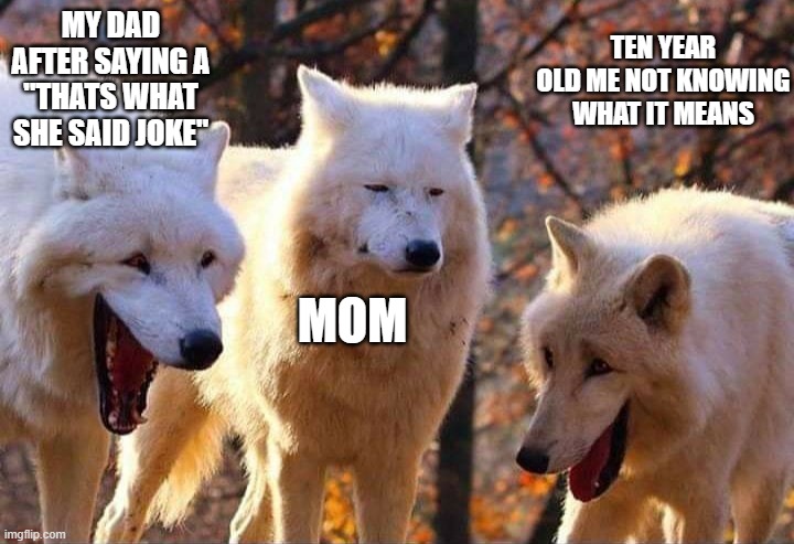 laughing wolf | MY DAD AFTER SAYING A "THATS WHAT SHE SAID JOKE"; TEN YEAR OLD ME NOT KNOWING WHAT IT MEANS; MOM | image tagged in laughing wolf | made w/ Imgflip meme maker