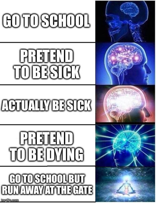 Expanding Brain 5 Panel | GO TO SCHOOL; PRETEND TO BE SICK; ACTUALLY BE SICK; PRETEND TO BE DYING; GO TO SCHOOL BUT RUN AWAY AT THE GATE | image tagged in expanding brain 5 panel | made w/ Imgflip meme maker