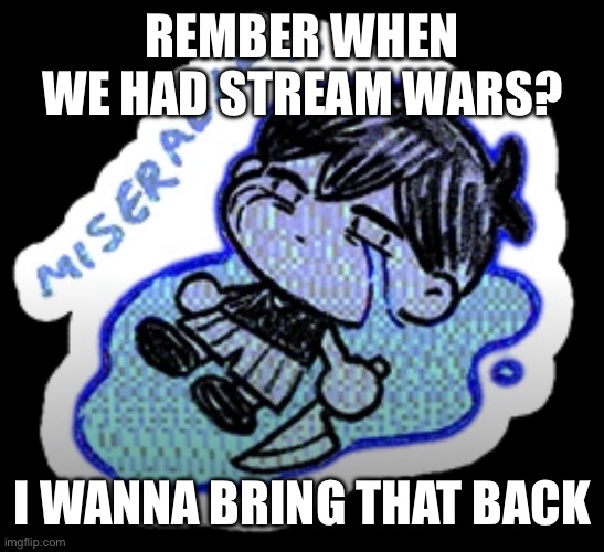 miserable | REMBER WHEN WE HAD STREAM WARS? I WANNA BRING THAT BACK | image tagged in miserable | made w/ Imgflip meme maker