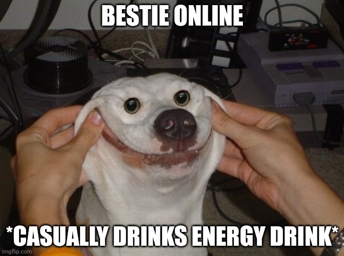 Yay | BESTIE ONLINE; *CASUALLY DRINKS ENERGY DRINK* | image tagged in forced to smile dog | made w/ Imgflip meme maker