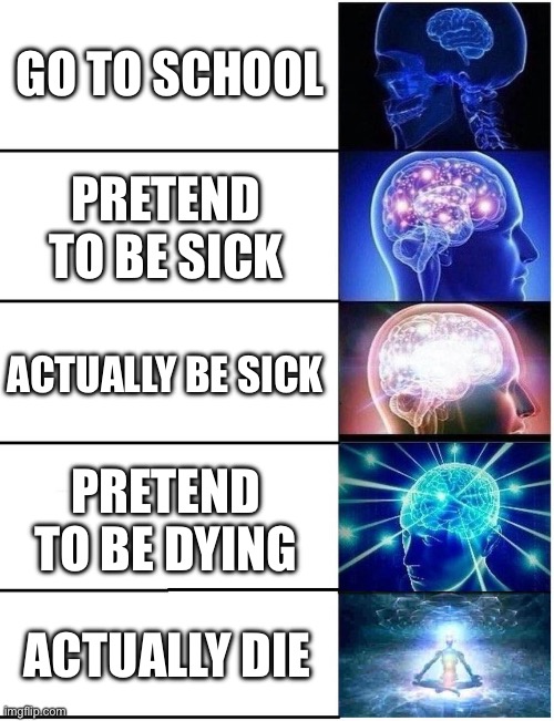You’re not sick | GO TO SCHOOL; PRETEND TO BE SICK; ACTUALLY BE SICK; PRETEND TO BE DYING; ACTUALLY DIE | image tagged in expanding brain 5 panel,sick,pretend,dying,die | made w/ Imgflip meme maker