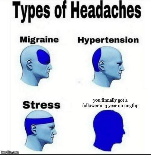 Types of Headaches meme | you finnally got a follower in 3 year on imgflip | image tagged in types of headaches meme | made w/ Imgflip meme maker