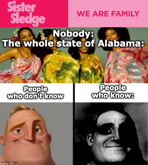 Hol up wayment sumn aint right | Nobody:
The whole state of Alabama:; People who don't know; People who know: | image tagged in we are family,people who don't know vs people who know | made w/ Imgflip meme maker