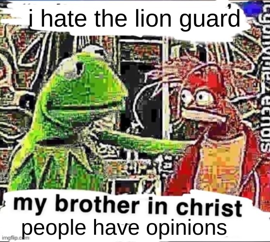 My brother in Christ | i hate the lion guard people have opinions | image tagged in my brother in christ | made w/ Imgflip meme maker