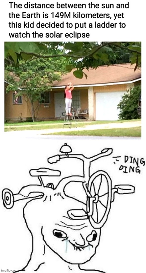 image tagged in bike head tard,ladder,solar eclipse,dumb kids | made w/ Imgflip meme maker