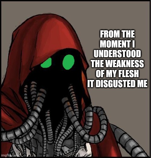 Shitpost | FROM THE MOMENT I UNDERSTOOD THE WEAKNESS OF MY FLESH IT DISGUSTED ME | image tagged in tech priest | made w/ Imgflip meme maker