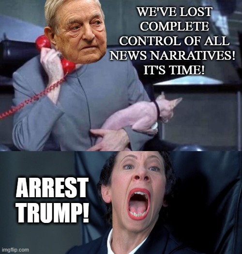 Dr Evil and Frau | WE'VE LOST COMPLETE CONTROL OF ALL NEWS NARRATIVES! 
IT'S TIME! ARREST TRUMP! | image tagged in dr evil and frau | made w/ Imgflip meme maker