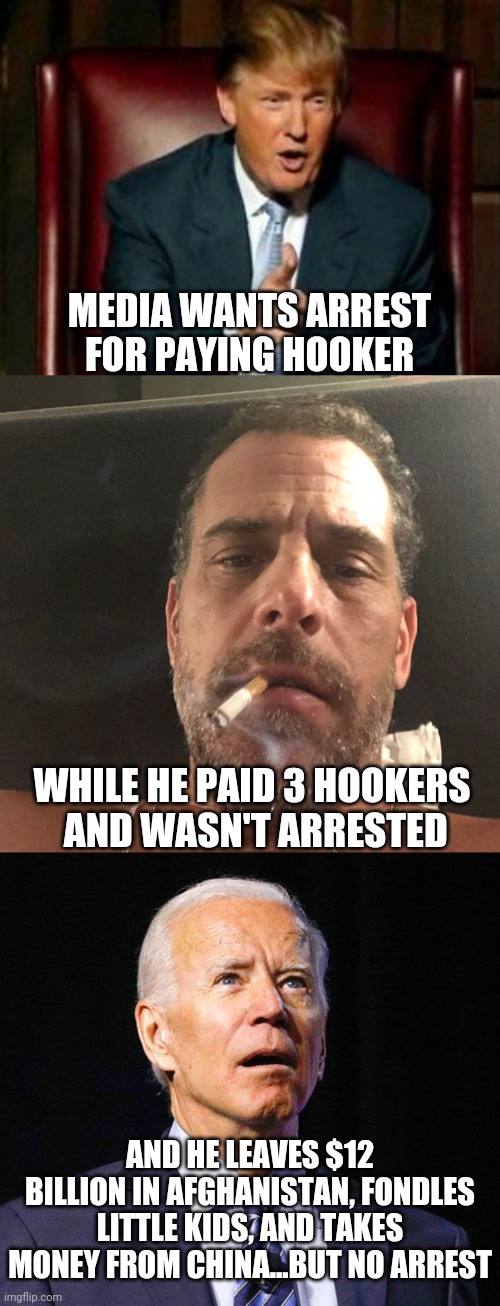 They Do Not Want DJT in 2024 | MEDIA WANTS ARREST FOR PAYING HOOKER; WHILE HE PAID 3 HOOKERS
 AND WASN'T ARRESTED; AND HE LEAVES $12 BILLION IN AFGHANISTAN, FONDLES LITTLE KIDS, AND TAKES MONEY FROM CHINA...BUT NO ARREST | image tagged in donald trump,hunter biden,joe biden,liberals,leftists,democrats | made w/ Imgflip meme maker