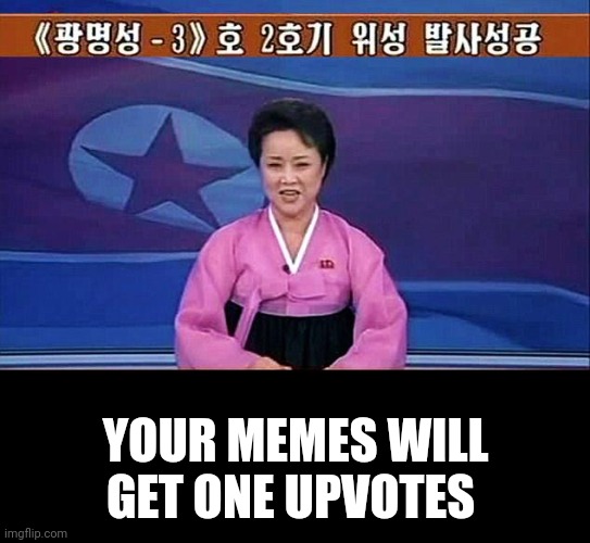 North Korean anchorwoman | YOUR MEMES WILL GET ONE UPVOTES | image tagged in north korean anchorwoman | made w/ Imgflip meme maker