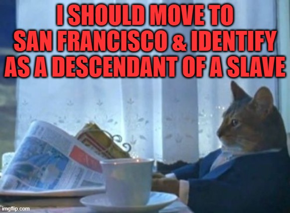 I Should Buy A Boat Cat Meme | I SHOULD MOVE TO SAN FRANCISCO & IDENTIFY AS A DESCENDANT OF A SLAVE | image tagged in memes,i should buy a boat cat | made w/ Imgflip meme maker