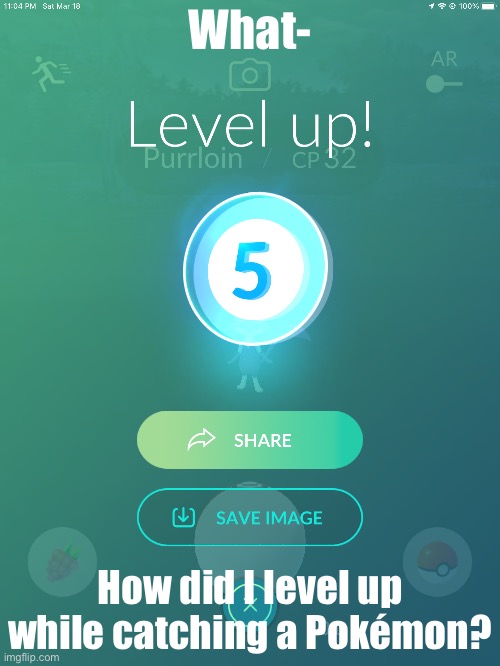 What the hell | What-; How did I level up while catching a Pokémon? | image tagged in pokemon go,impossible | made w/ Imgflip meme maker